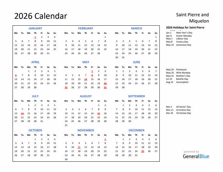 2026 Calendar with Holidays for Saint Pierre and Miquelon