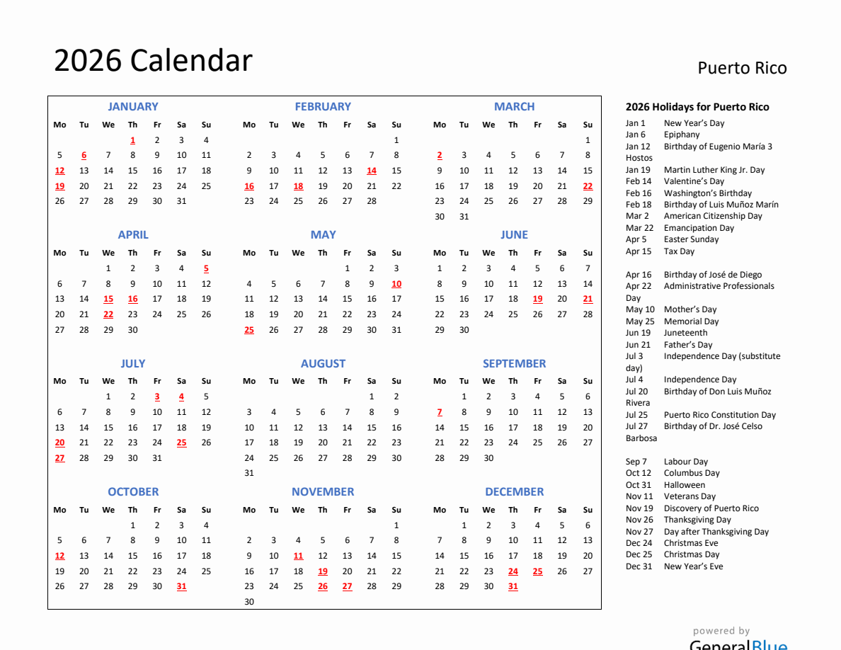 2026 Calendar with Holidays for Puerto Rico - Monday Start