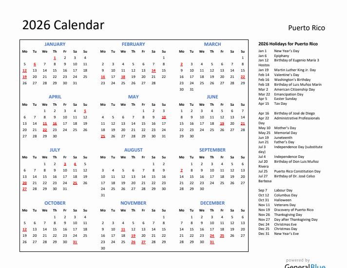 2026 Calendar with Holidays for Puerto Rico