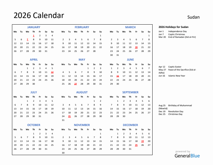 2026 Calendar with Holidays for Sudan