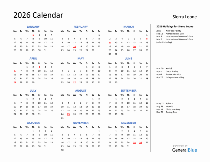 2026 Calendar with Holidays for Sierra Leone