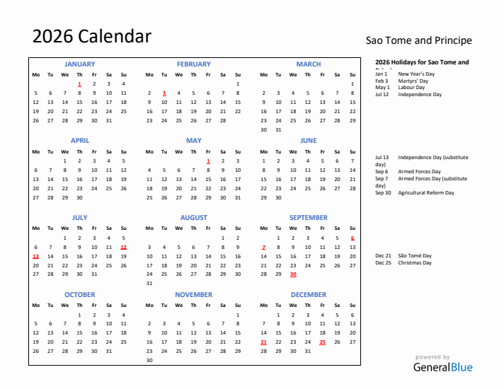2026 Calendar with Holidays for Sao Tome and Principe