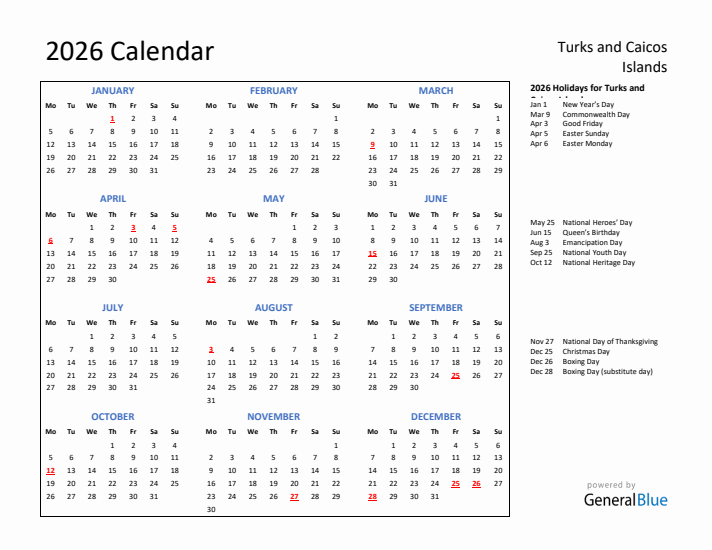 2026 Calendar with Holidays for Turks and Caicos Islands