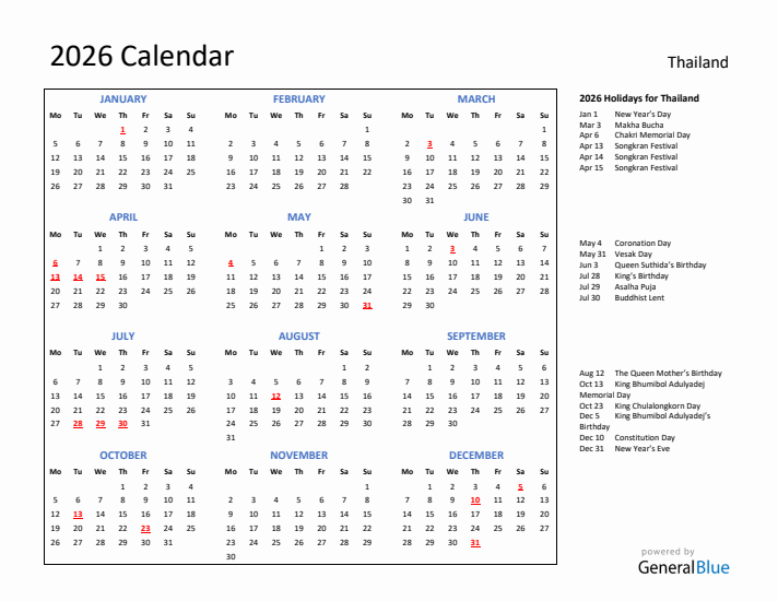 2026 Calendar with Holidays for Thailand