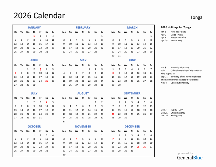 2026 Calendar with Holidays for Tonga