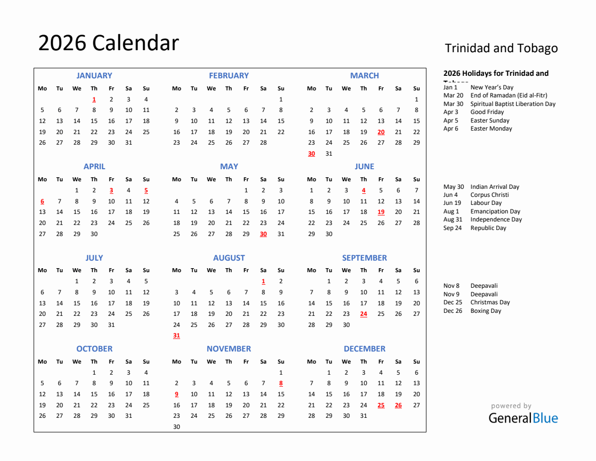 2026 Calendar with Holidays for Trinidad and Tobago - Monday Start