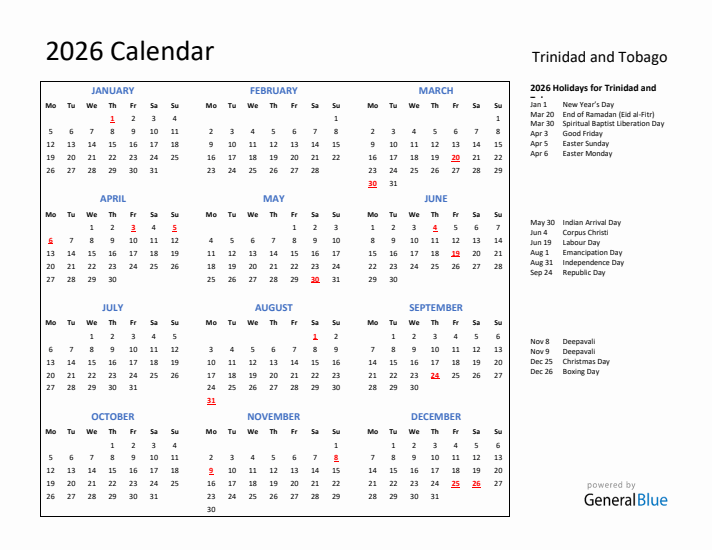 2026 Calendar with Holidays for Trinidad and Tobago