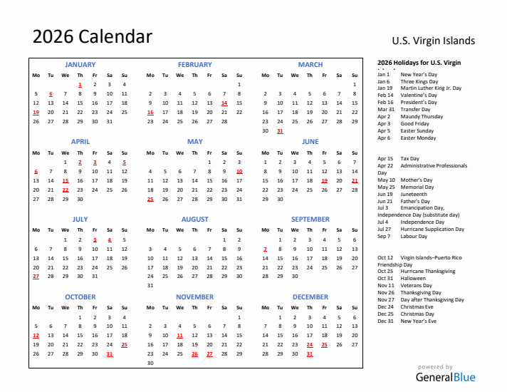 2026 Calendar with Holidays for U.S. Virgin Islands