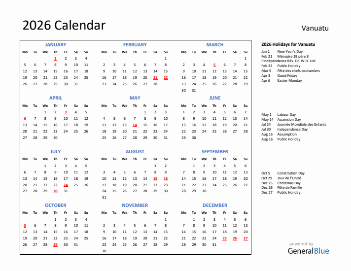 2026 Calendar with Holidays for Vanuatu