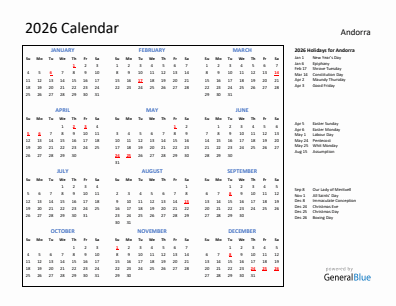 Andorra current year calendar 2026 with holidays