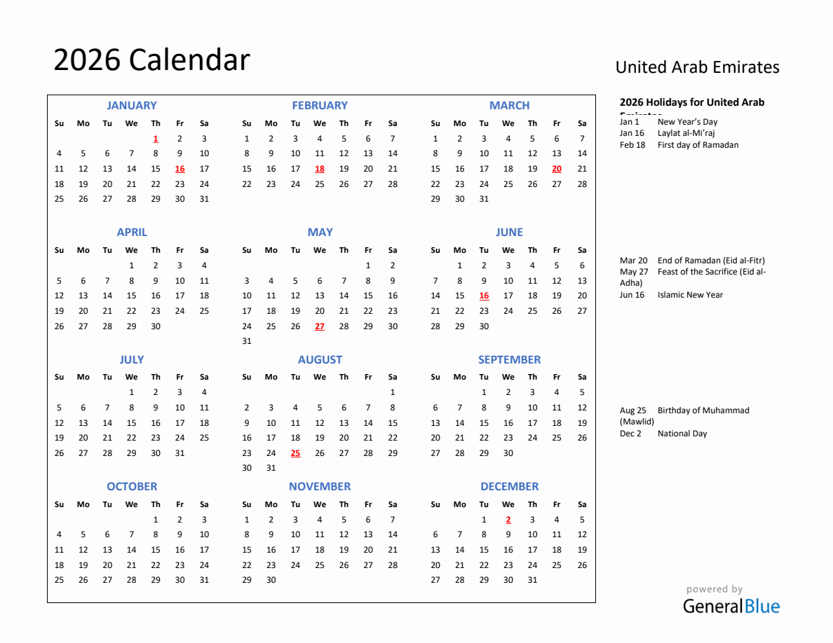 2026 Calendar with Holidays for United Arab Emirates