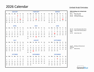 United Arab Emirates current year calendar 2026 with holidays