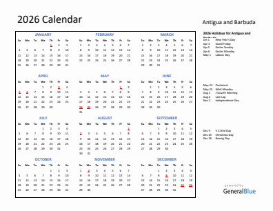 Antigua and Barbuda current year calendar 2026 with holidays