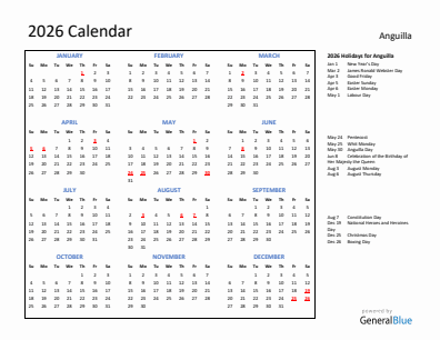Anguilla current year calendar 2026 with holidays