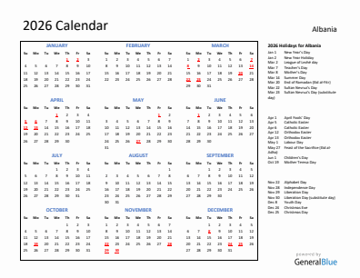 Albania current year calendar 2026 with holidays