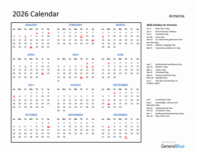 Armenia current year calendar 2026 with holidays