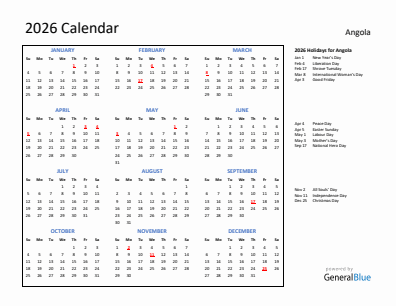 Angola current year calendar 2026 with holidays