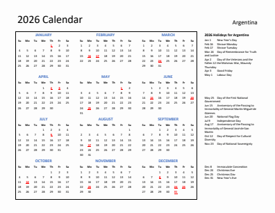 Argentina current year calendar 2026 with holidays