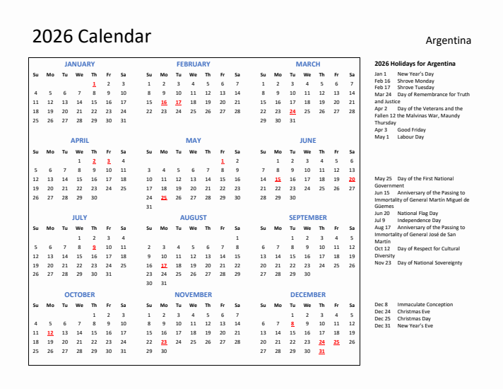 2026 Calendar with Holidays for Argentina