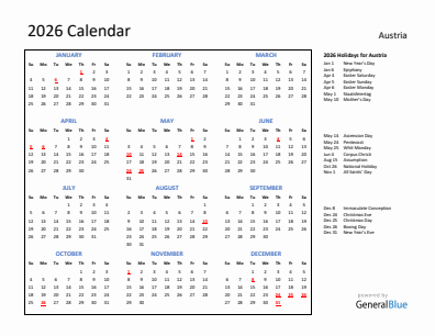Austria current year calendar 2026 with holidays