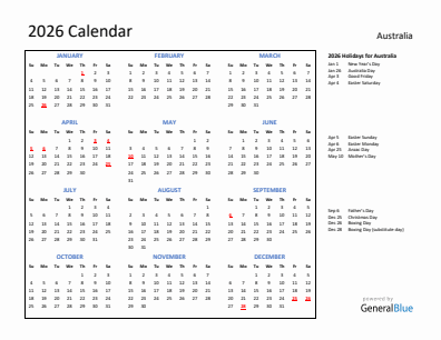 Australia current year calendar 2026 with holidays