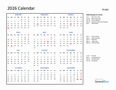 Aruba current year calendar 2026 with holidays
