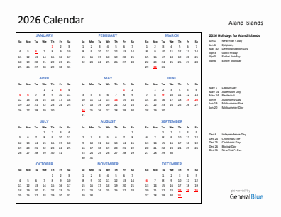 Aland Islands current year calendar 2026 with holidays