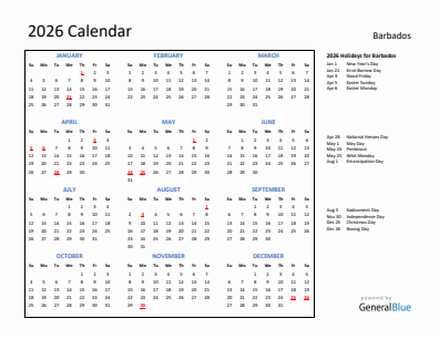 Barbados current year calendar 2026 with holidays