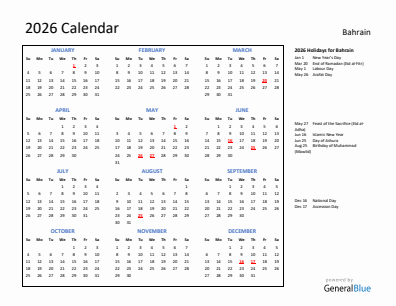 Bahrain current year calendar 2026 with holidays
