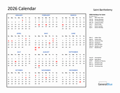 Saint Barthelemy current year calendar 2026 with holidays