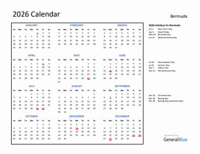 Bermuda current year calendar 2026 with holidays