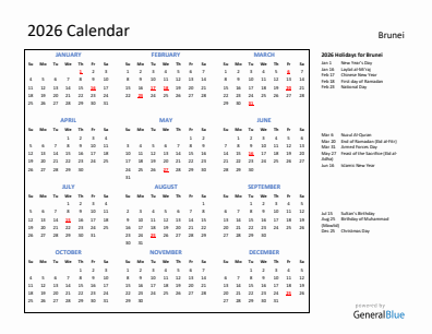 Brunei current year calendar 2026 with holidays