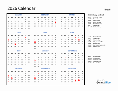Brazil current year calendar 2026 with holidays