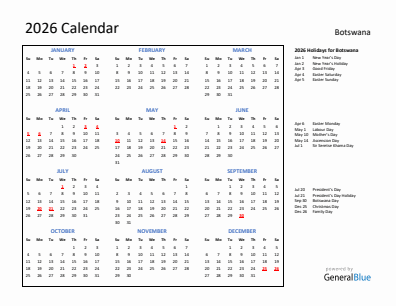 Botswana current year calendar 2026 with holidays
