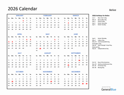 Belize current year calendar 2026 with holidays