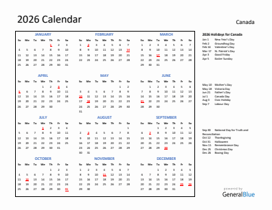 Canada current year calendar 2026 with holidays