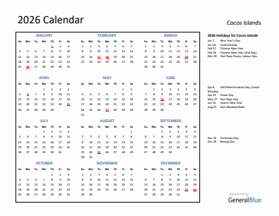 Cocos Islands current year calendar 2026 with holidays