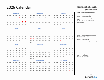 Democratic Republic of the Congo current year calendar 2026 with holidays