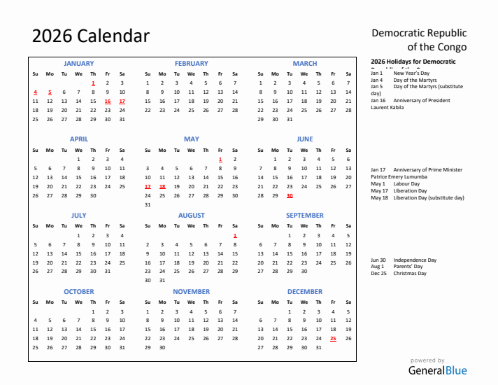 2026 Calendar with Holidays for Democratic Republic of the Congo