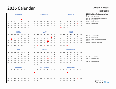 Central African Republic current year calendar 2026 with holidays