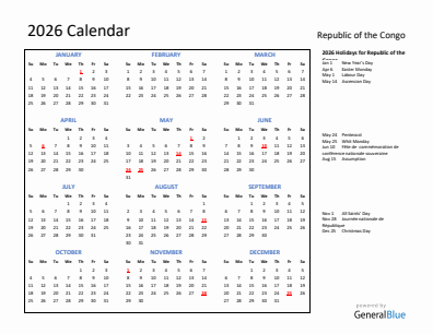 Republic of the Congo current year calendar 2026 with holidays