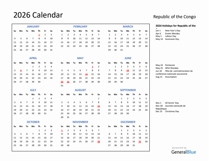 2026 Calendar with Holidays for Republic of the Congo