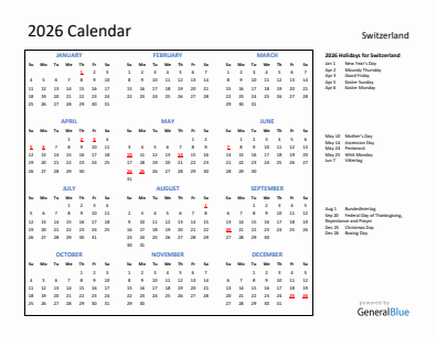 Switzerland current year calendar 2026 with holidays