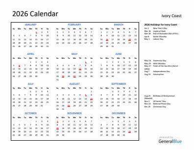 Ivory Coast current year calendar 2026 with holidays