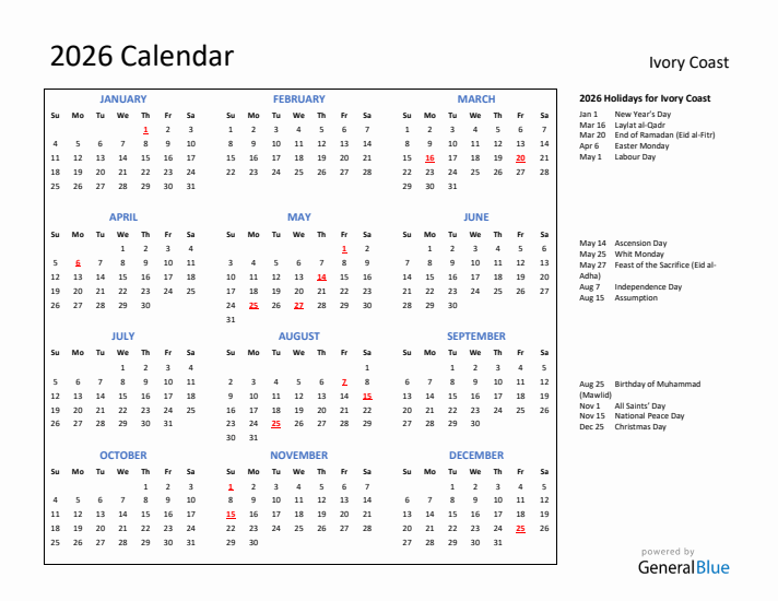 2026 Calendar with Holidays for Ivory Coast