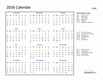 Chile current year calendar 2026 with holidays