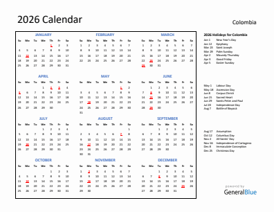 Colombia current year calendar 2026 with holidays