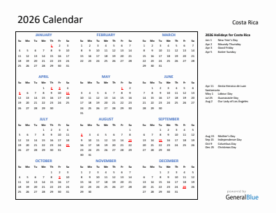 Costa Rica current year calendar 2026 with holidays