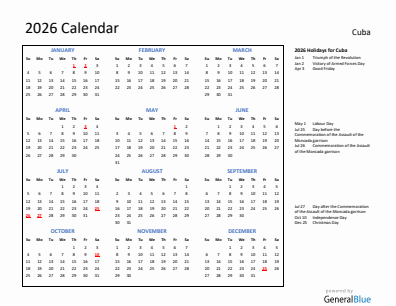 Cuba current year calendar 2026 with holidays