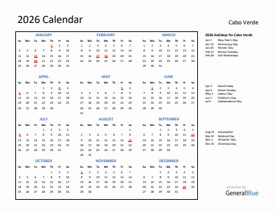Cabo Verde current year calendar 2026 with holidays